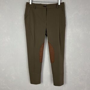 Trina Turk size 8 mid rise equestrian pants green faux suede patches back button